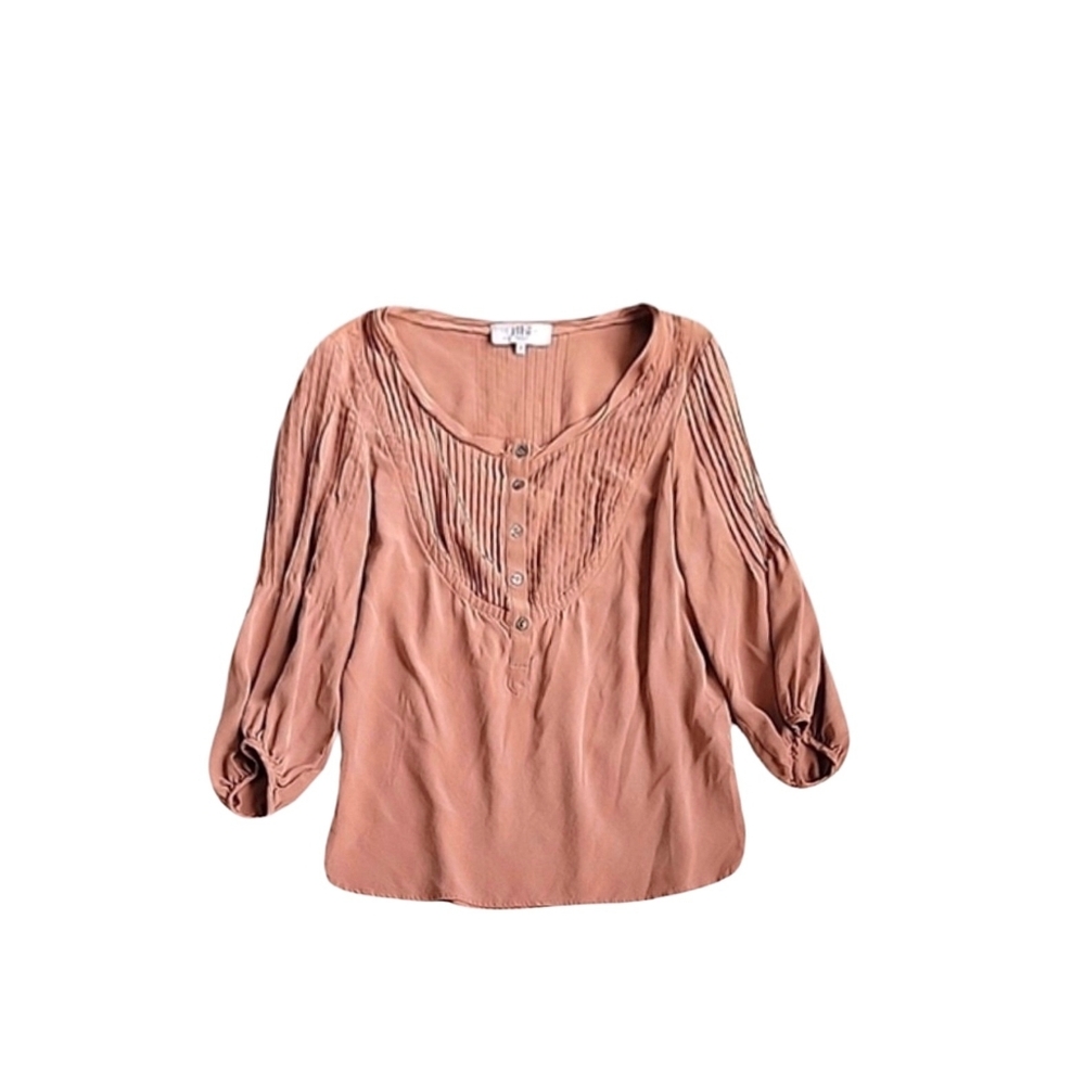 Tibi 100% Silk Terra Cotta Earth Tone Boho 3/4 Sleeve Peasant Top Size 2 EUC
